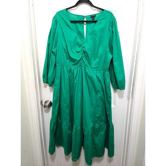 Torrid Green Midi Festival Dress Ruched Front & 3/4 Sleeves Size 2 - Picture 2 of 10